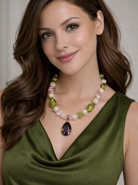 NEW ❤️❤️❤️Elegant Peridot and Pink Beaded Necklace with Amy Pendant